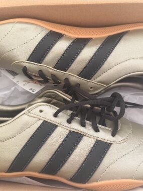 adidas Gold Metallic Sneakers with Black Stripes and Gum Sole
